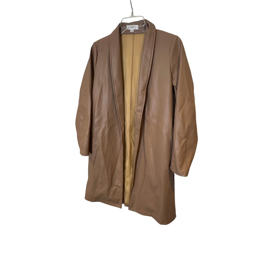 TML Tan Faux‎ Leather Open Front Trench Coat Shawl Collar JH1965-BE Womens XS